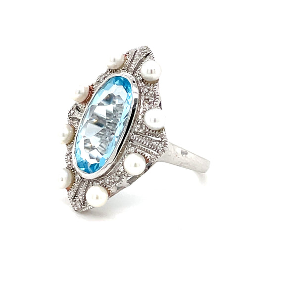 ESTATE 14K WHITE GOLD BLUE TOPAZ AND PEARL COCKTAIL RING