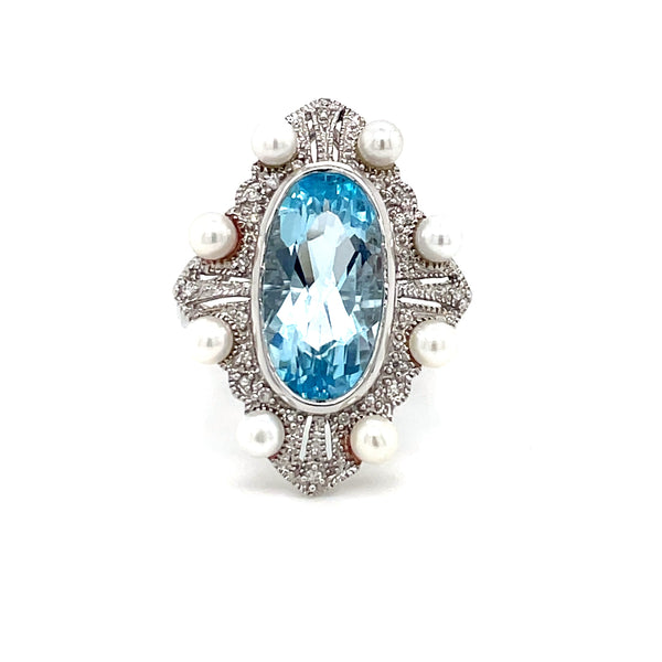 ESTATE 14K WHITE GOLD BLUE TOPAZ AND PEARL COCKTAIL RING