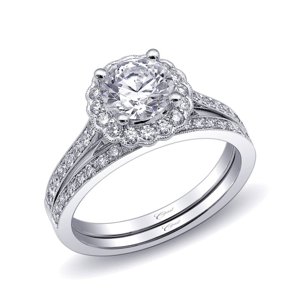 14kw Gold Diamond Scalloped Halo Semi-Mount Engagement Ring