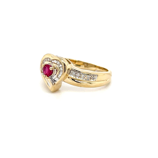 ESTATE 14K YELLOW GOLD BYPASS-STYLE DIAMOND AND RUBY HEART RING