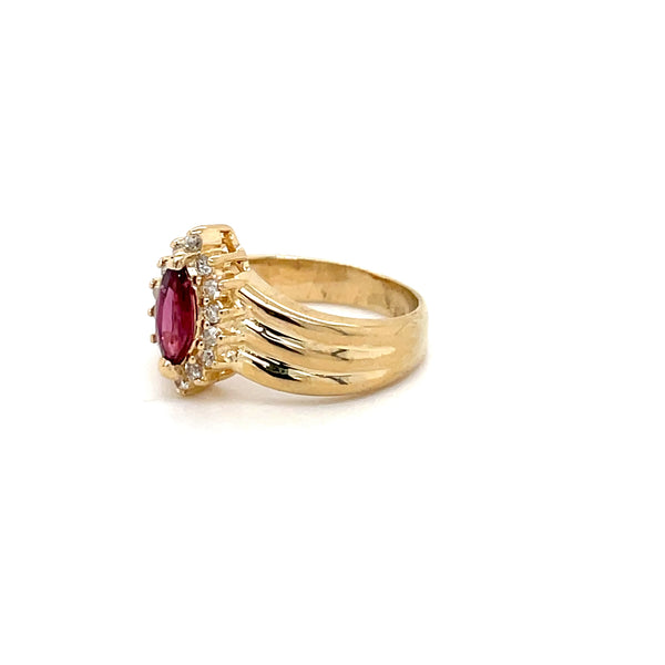 ESTATE 14K YELLOW GOLD CONTOUR RUBY RING FEATURING DIAMOND HALO
