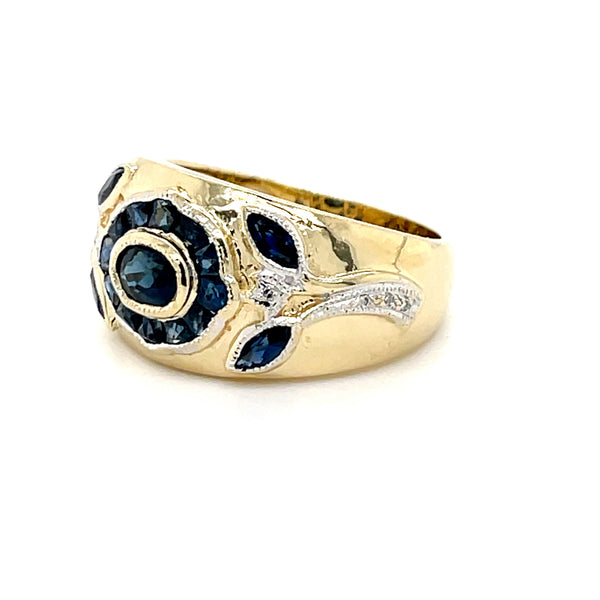 ESTATE 14K YELLOW GOLD FLOWER RING WITH SAPPHIRE AND DIAMOND
