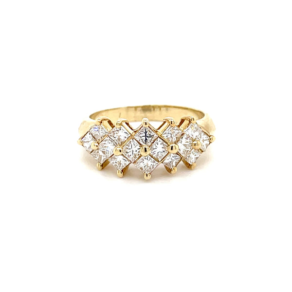 ESTATE 14K YELLOW GOLD RING WITH PRINCESS CUT DIAMONDS AND KNIFE-EDGE SHANK .75 TCW