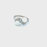 ESTATE 14KW Gold  2-Stone Pearl Ring with Diamond Accents