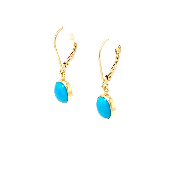 14K Yellow Gold Oval Turquoise Lever Back Dangle Earrings