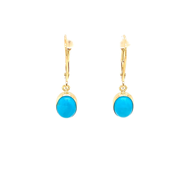 14K Yellow Gold Oval Turquoise Lever Back Dangle Earrings