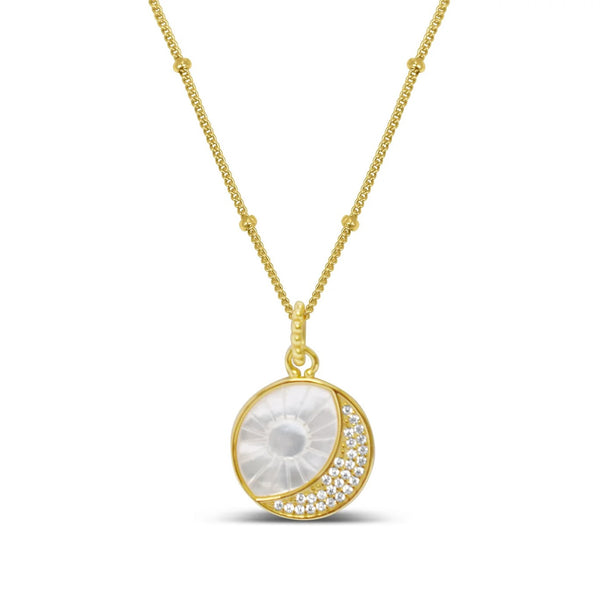 Gold Plated Sterling Silver Mother of Pearl and CZ Sun and Moon Necklace