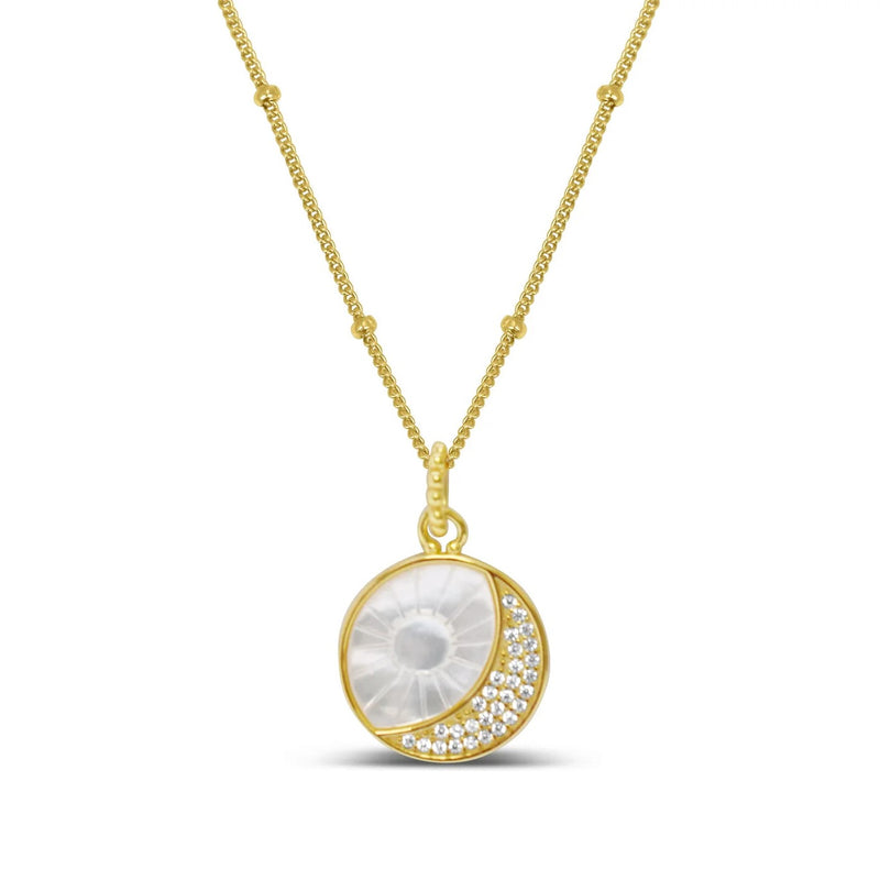 Gold Plated Sterling Silver Mother of Pearl and CZ Sun and Moon Necklace
