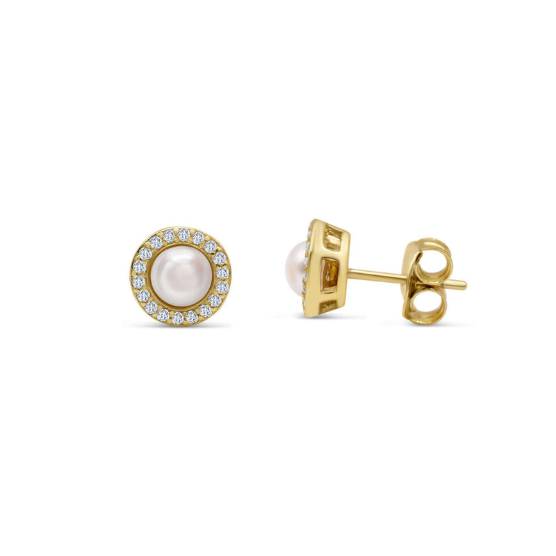 Gold Plated Sterling Silver Pearl Stud Earrings with CZ Halo