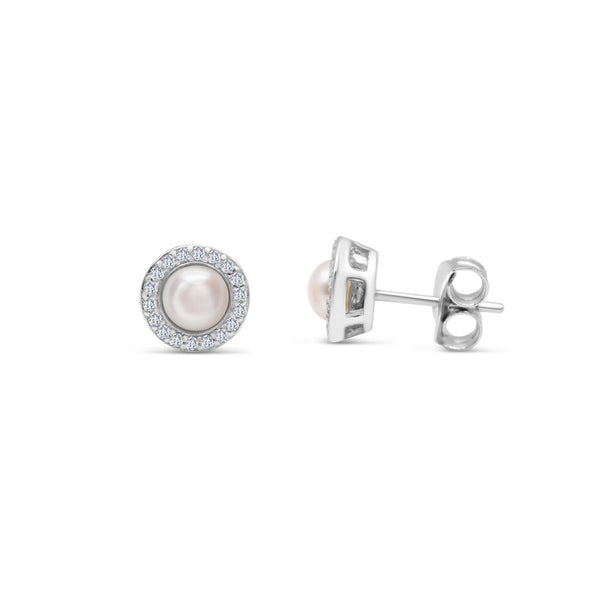 Sterling Silver Pearl Stud Earrings with CZ Halo