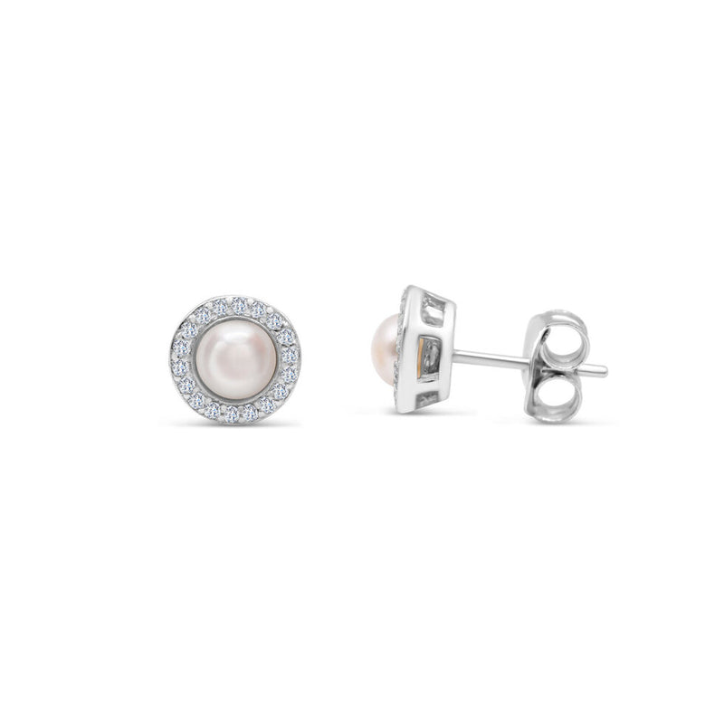 Sterling Silver Pearl Stud Earrings with CZ Halo