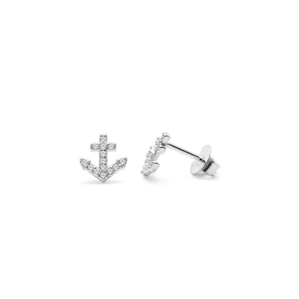 Sterling Silver CZ Pavé Anchor Stud Earrings