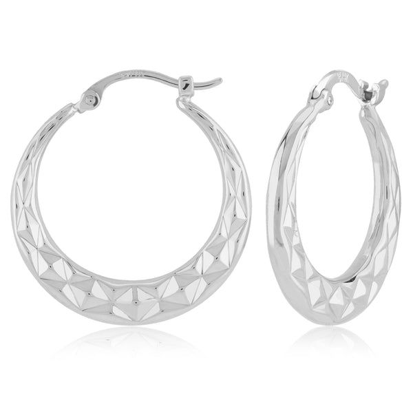 14K White Gold Diamond Cut Hoop Earrings