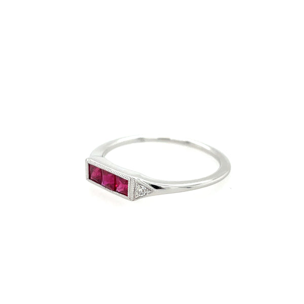 14K White Gold Princess Cut Ruby and Diamond Milgrain Ring