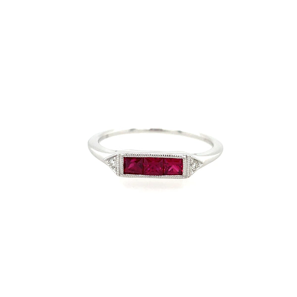 14K White Gold Princess Cut Ruby and Diamond Milgrain Ring