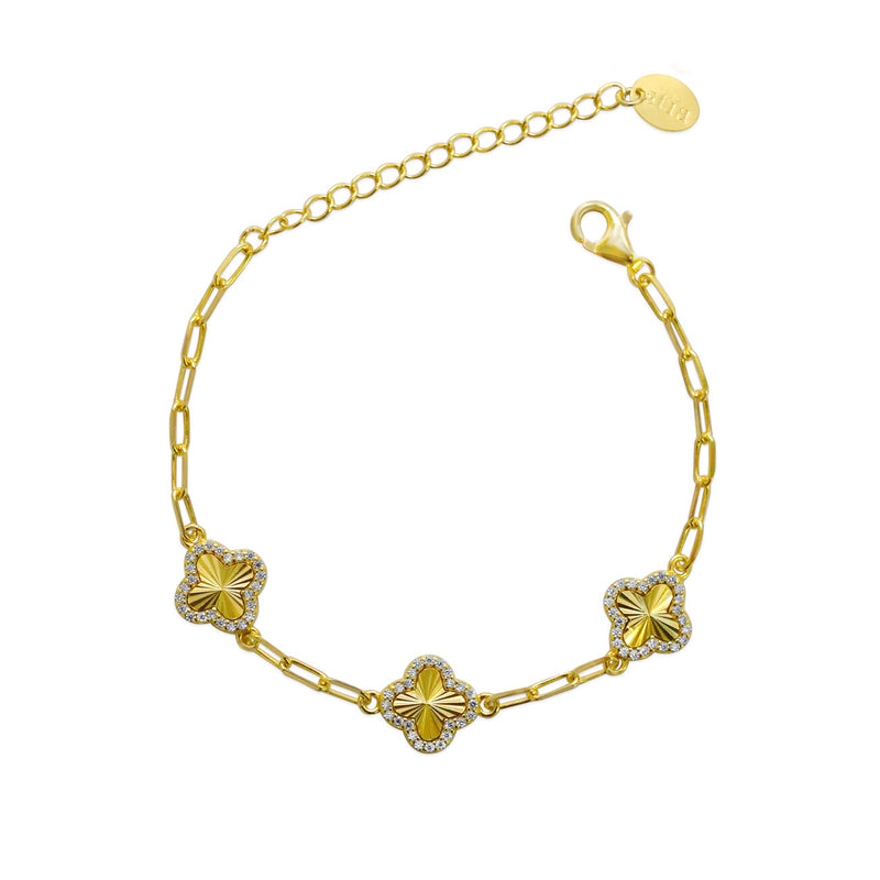 Gold Plated Sterling Silver Paper Clip Radiant Clover Chain Bracelet