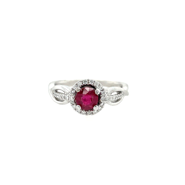 18K White Gold Twisted Diamond Halo Ruby Ring