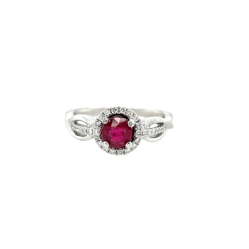 18K White Gold Twisted Diamond Halo Ruby Ring