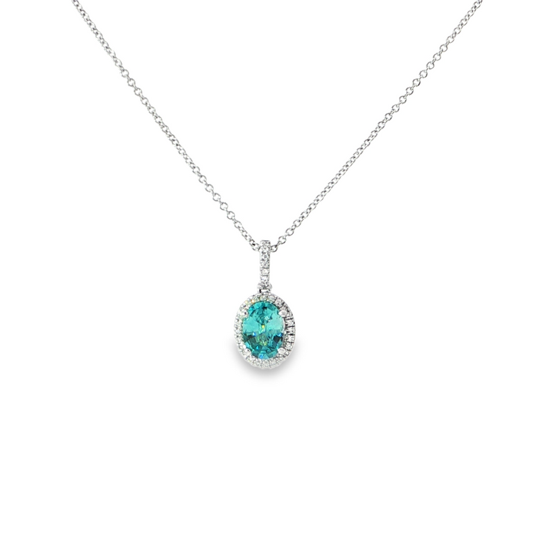 14k White Gold Oval Blue Zircon and Diamond Pendant
