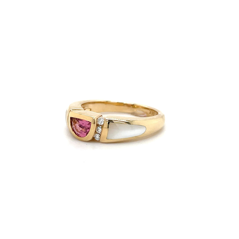 Estate 14K Yellow Gold Designer Ring with Bezel-Set Pink Tourmaline & Mother of Pearl