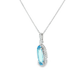 14k White Gold Oval Blue Topaz and Diamond Halo Pendant