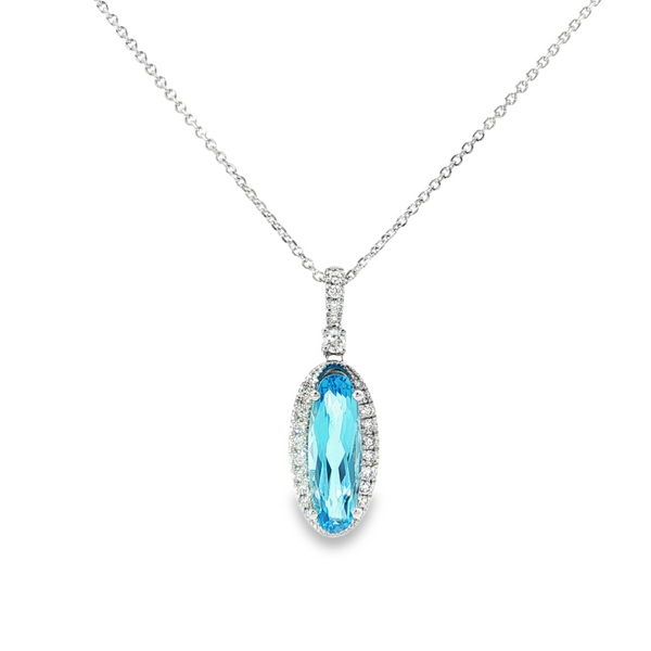 14k White Gold Oval Blue Topaz and Diamond Halo Pendant