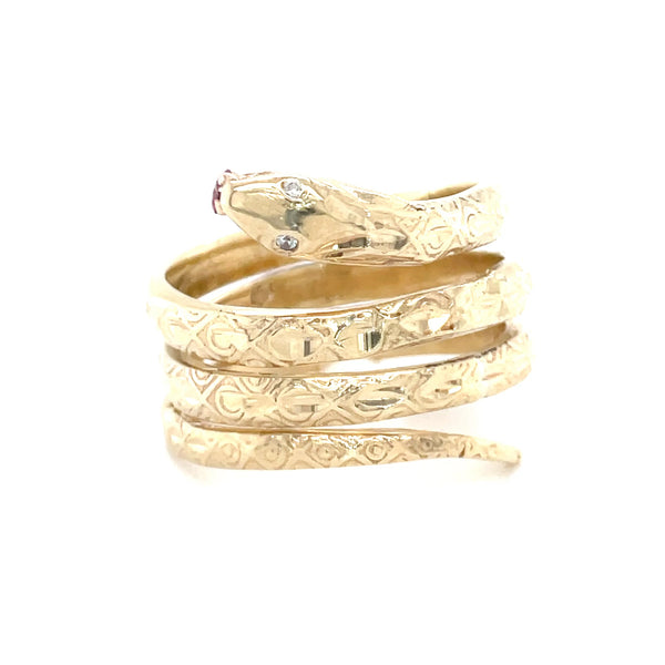 Estate 14K Yellow Gold Coiled Snake Ring with Synthetic Ruby & CZ Eyes