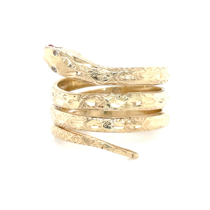 Estate 14K Yellow Gold Coiled Snake Ring with Synthetic Ruby & CZ Eyes