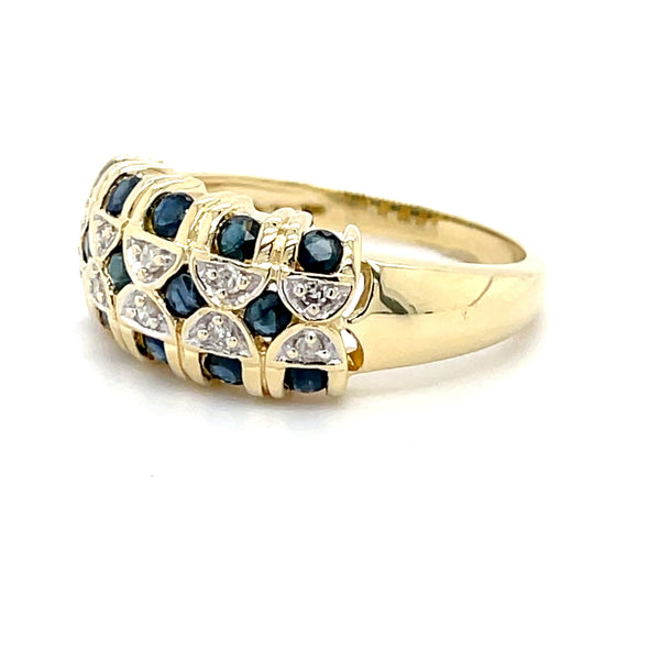 ESTATE 14K YELLOW DOMED GOLD RING WITH DIAMONDS AND SAPPHIRES