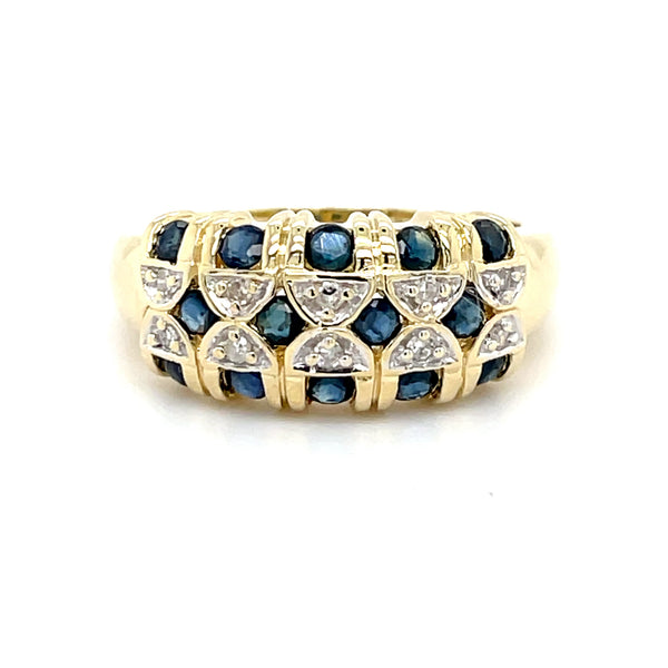 ESTATE 14K YELLOW DOMED GOLD RING WITH DIAMONDS AND SAPPHIRES