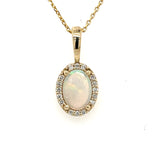 14K Yellow Gold .30ct Oval Opal Halo Pendant with Diamond Accents on 18" Cable Chain