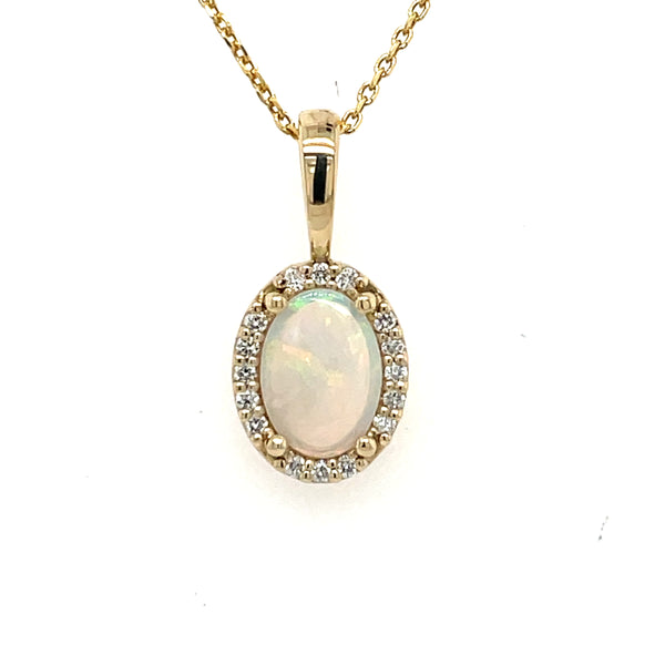 14K Yellow Gold .30ct Oval Opal Halo Pendant with Diamond Accents on 18" Cable Chain