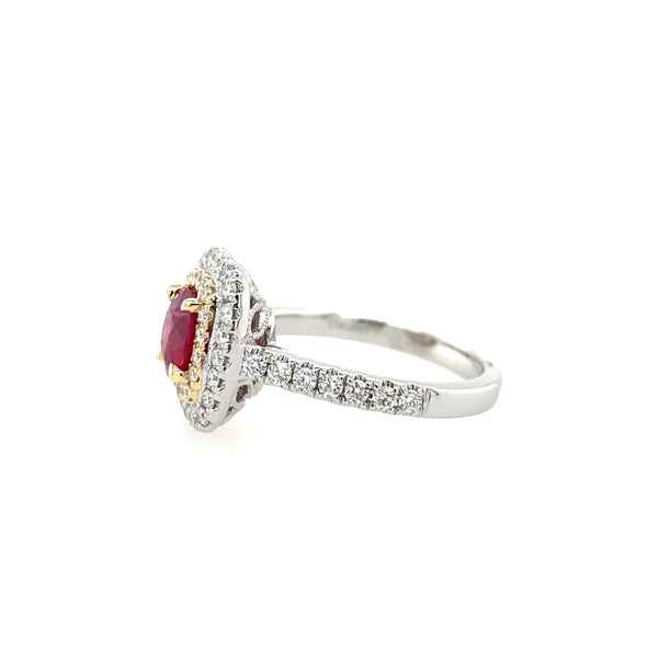 14K White and Yellow Gold Double Halo Cushion-Cut No-Heat Ruby Ring