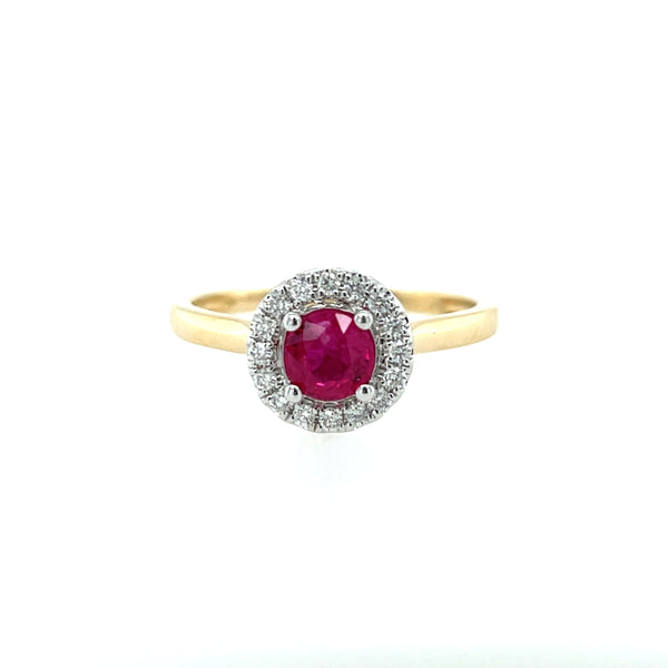 14K Yellow Gold Round Ruby and Diamond Halo Ring