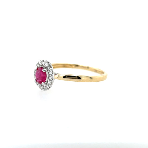 14K Yellow Gold Round Ruby and Diamond Halo Ring