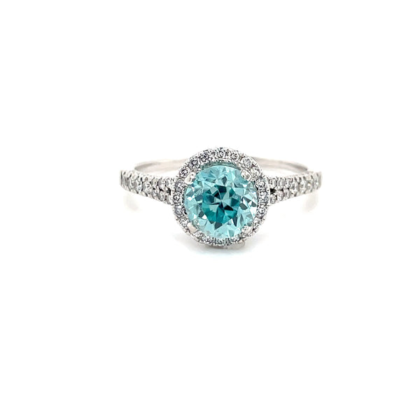 ESTATE 14KW Gold Blue Zircon Halo Style Ring with Diamond Accents