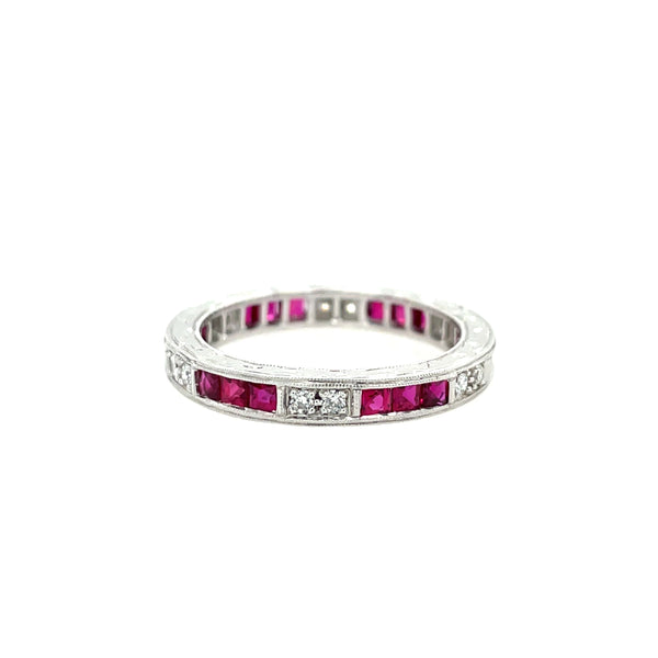 18K White Gold Ruby and Diamond Engraved Eternity Band