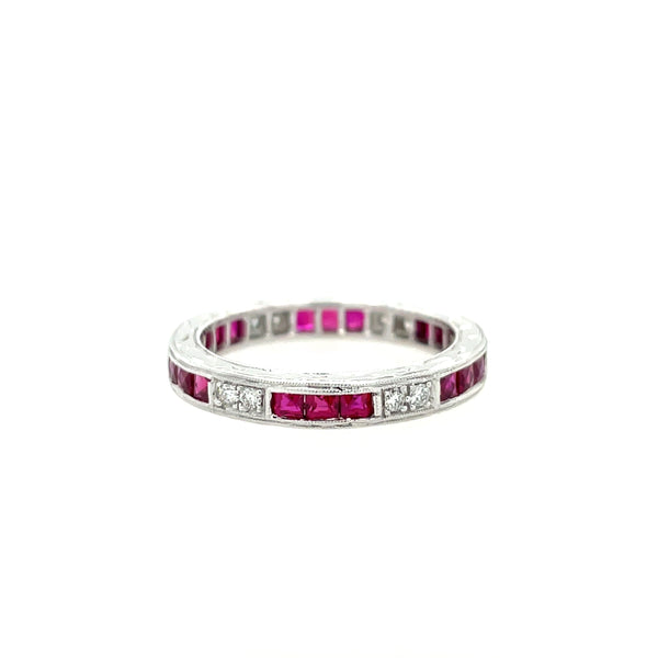 18K White Gold Ruby and Diamond Engraved Eternity Band