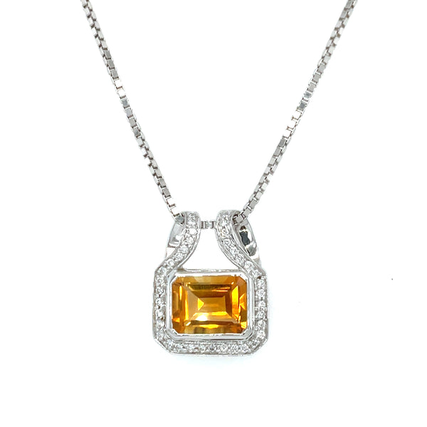 14k White Gold Emerald Cut Citrine Pendant with Diamond Accents