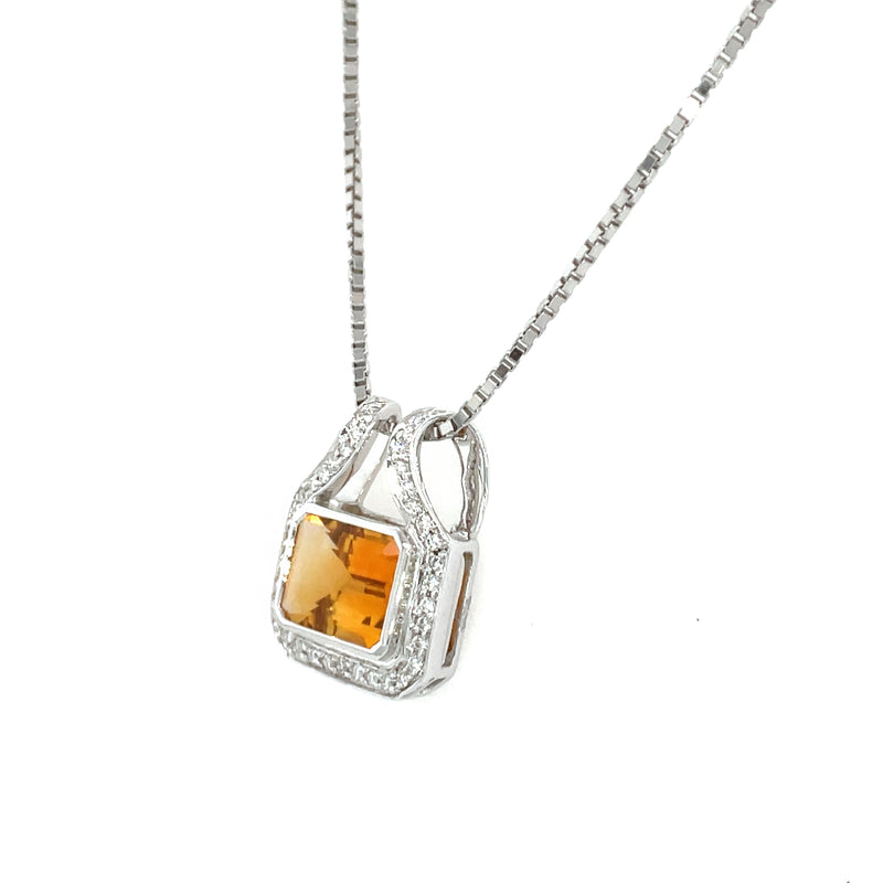 14k White Gold Emerald Cut Citrine Pendant with Diamond Accents
