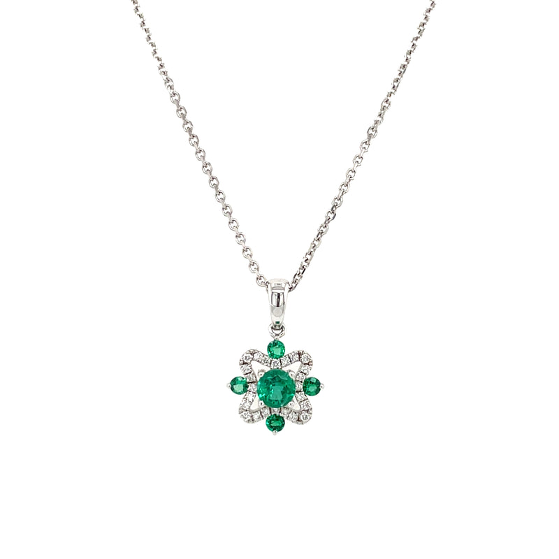 14K White Gold Emerald and Diamond Compass-Style Pendant on 18" Chain