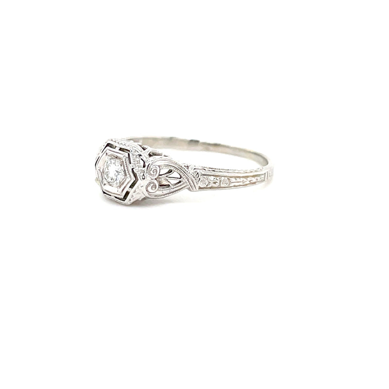 Estate 18K White Gold Antique Filigree Diamond Ring with Intricate Details