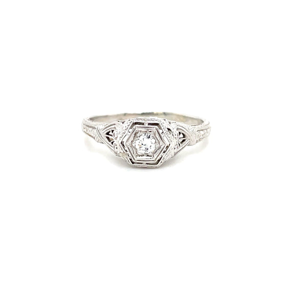 Estate 18K White Gold Antique Filigree Diamond Ring with Intricate Details