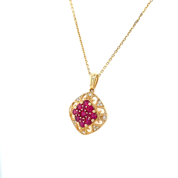 14K Yellow Gold Ruby Cluster and Diamond Filigree Pendant