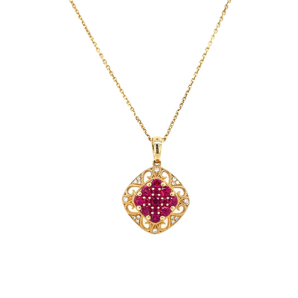 14K Yellow Gold Ruby Cluster and Diamond Filigree Pendant