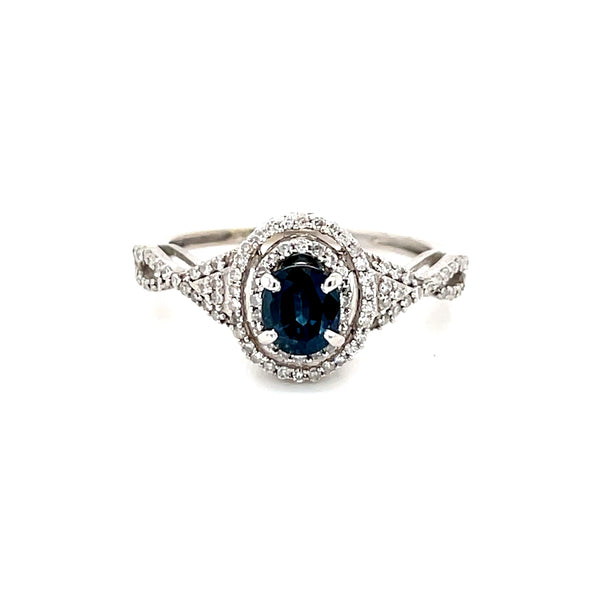 ESTATE 14KW Gold Double Halo Diamond and Sapphire Twist Ring