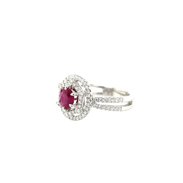 18K White Gold Ruby and Diamond Double Halo Ring