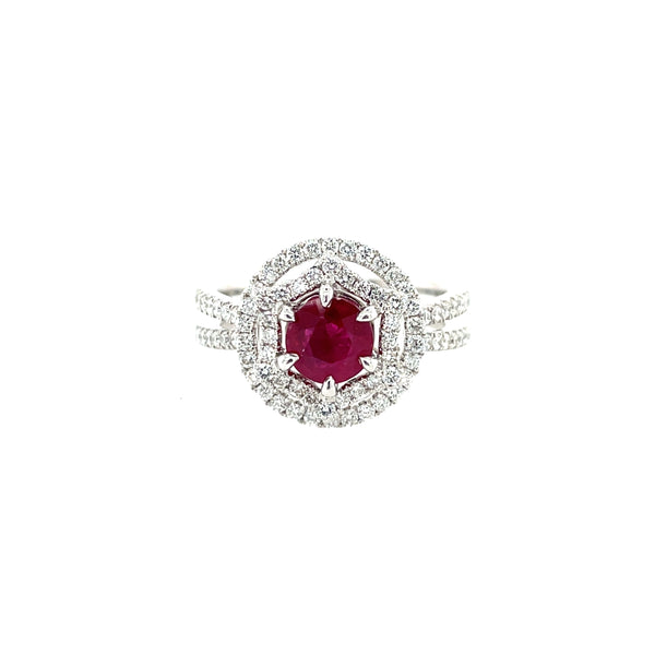 18K White Gold Ruby and Diamond Double Halo Ring