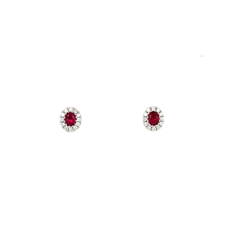 14K White Gold Oval Ruby and Diamond Halo Stud Earrings