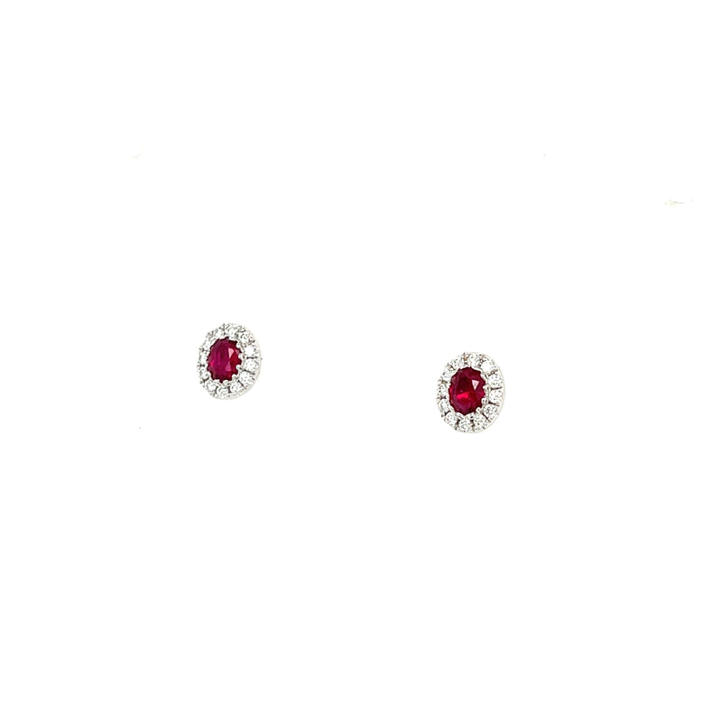14K White Gold Oval Ruby and Diamond Halo Stud Earrings